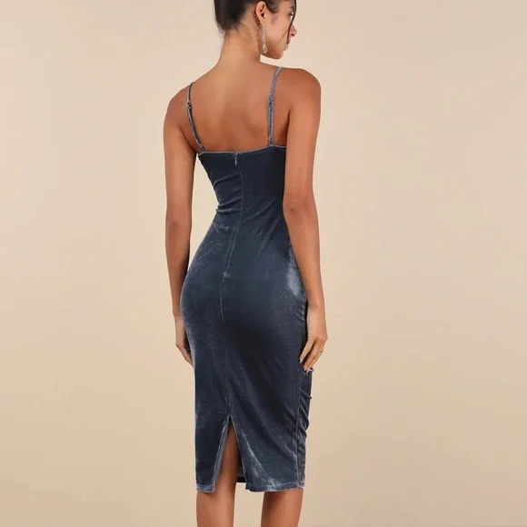 Plush Personality Slate Blue Velvet Ruched Bodycon Midi Dress - Picture 4 of 4